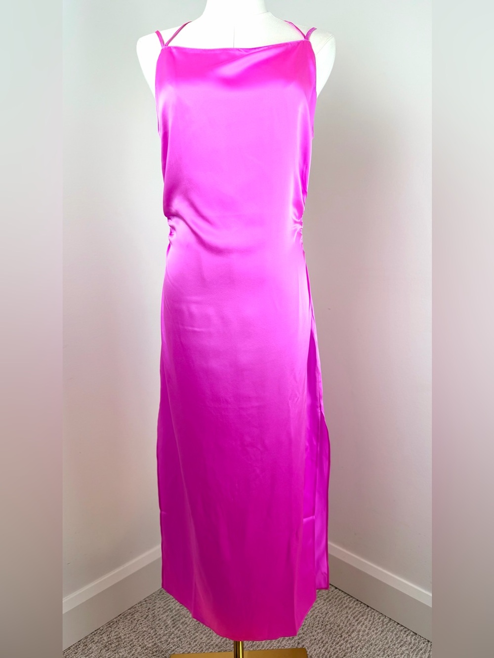 Amanda Uprichard Fuchsia Slip Dress Midi Medium 100% Silk Ruched Side/Back NWT
